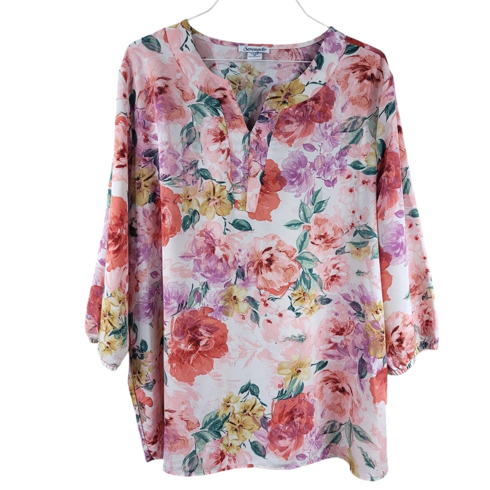 Serengeti 2X Top Blouse Womens Floral Tunic Pullover EUC